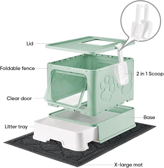 Cat Litter Box with X-Large Litter Mat and Scoop, Large Foldable Litter Box with Lid, Enclosed Kitty Box,Front Top Entry Exit, Odor Control Easy to Clean (Upgrade Green)-PawvioPets