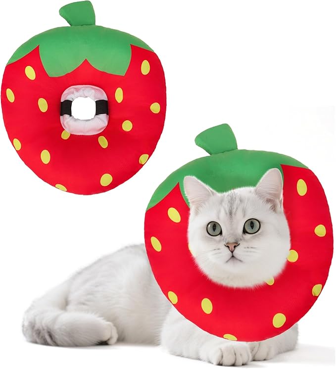 BEAUTYZOO Cat Cone Collars Soft, Cat Recovery E Collars After Surgery to Stop Licking, Adjustable Elizabeth Circle Collar Cute Pet Donut Pillow for Cats Kitten Small Dogs,Strawberry S-PawvioPets