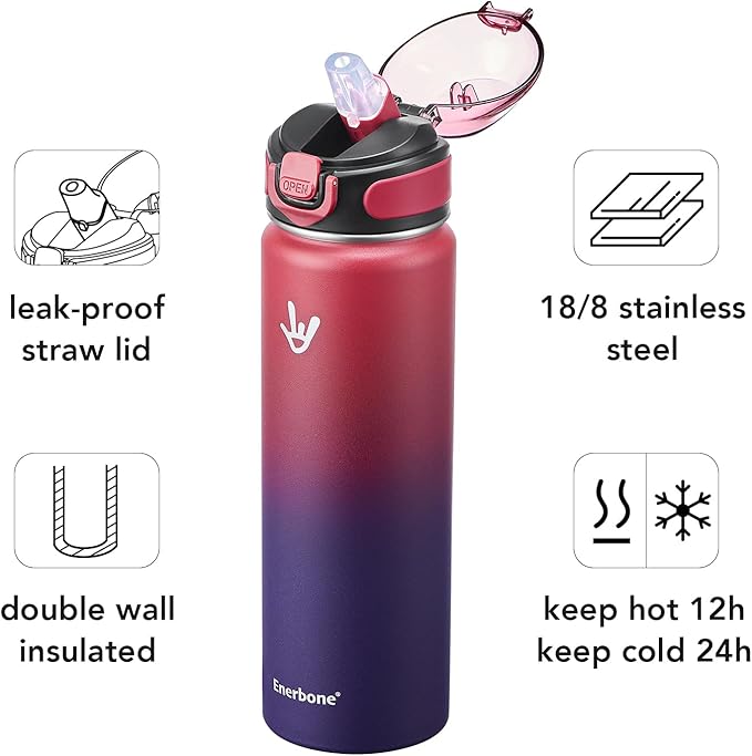 Enerbone 24 oz Insulated Water Bottle, Stainless Steel Bottle with Carrying Strap, Double-Wall Vacuum Insulation Design, Leakproof Sports Bottle with Straw, Keep Drinks Cold or Hot for Hours-PawvioPets