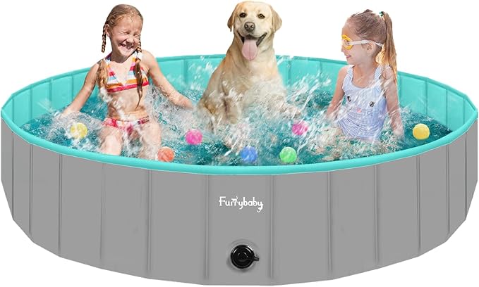 Furrybaby Dog Pool Foldable Dog Pools for Large Dogs with Hard Plate Collapsible Pet Bath Pool Kiddie Grey 63''-PawvioPets