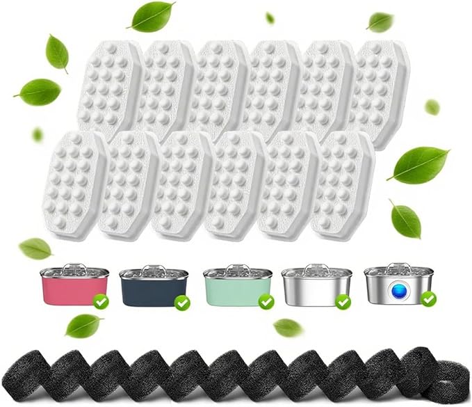 24 Pcs Cat Water Fountain Filters,12 Pack Cat Water Fountain Replacement Filters & 12 Pack Pre-Filter Sponges,Fountain Filter Replacement for Rellaty and Neareal 108oz/3.2L Pet Stainless Fountain-PawvioPets