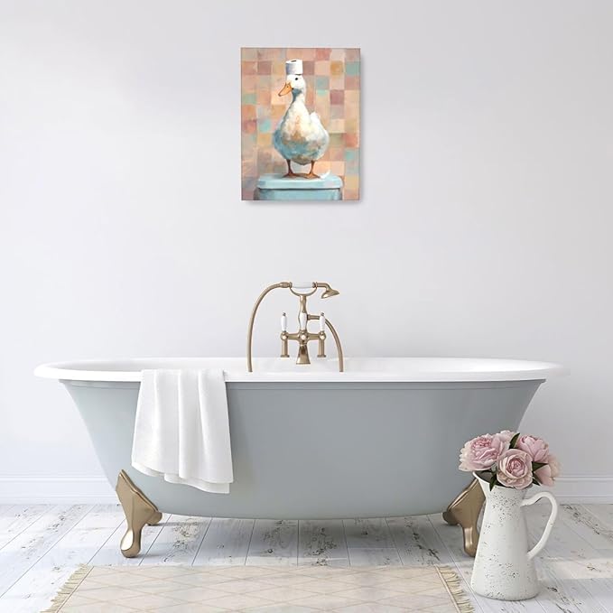 Funny Duck Bathroom Wall Art Cute Duck on Toilet Canvas Wall Decor Funny Quirky Farm Animal Pictures Painting Print Framed Artwork Decorations Gifts for Bathroom 16"x20"-PawvioPets
