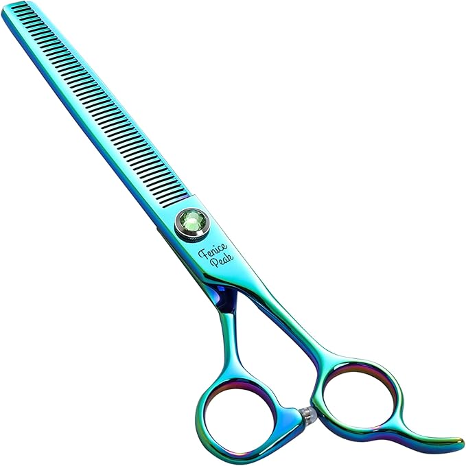 Fenice Peak 7'' Green Thinning Dog Grooming Scissors Pet Shears with Ergonomic Offest Handle and Simulated Emerald Screw 440C Grooming Scissors Trimming Shears Durable and Sharp-PawvioPets