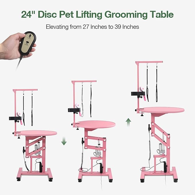 Electric Hydraulic Lift Pet Dog Grooming Table, 24Inch Grooming Desktop for Small Dogs, with Overhead Arm, Wireless Remote, Tool Organizer, Pink-PawvioPets