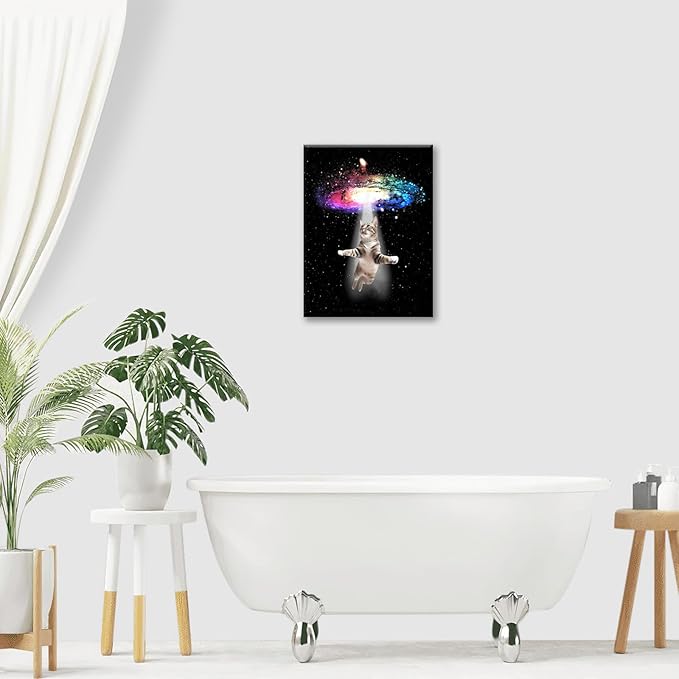 Funny Cat Wall Art Canvas Galaxy Wall Decor Prints Framed Painting Animal Pictures Gifts Artwork for Bathroom Living Dining Kitchen 12"x16"-PawvioPets