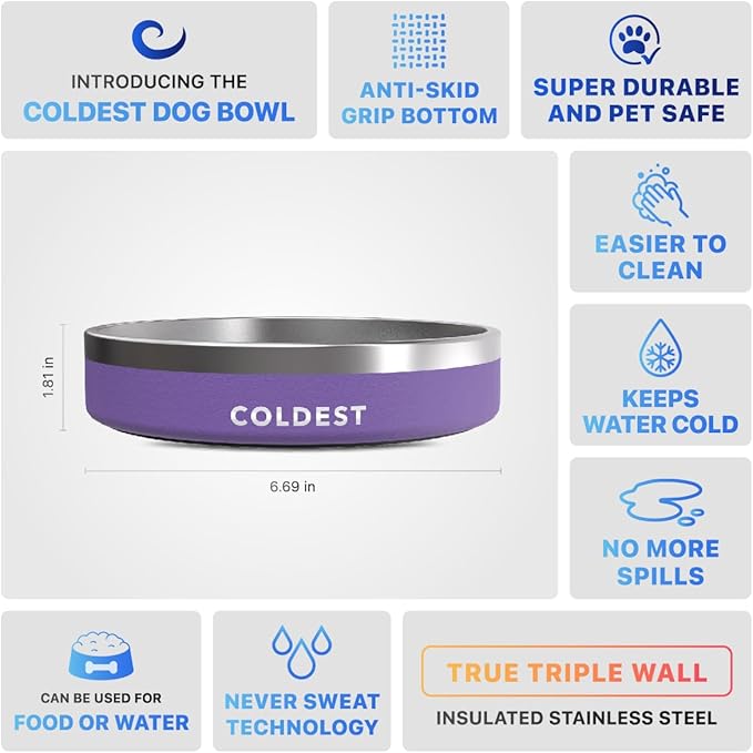 Coldest Dog Bowl - Anti Rust Metal, Non Slip, 3 Layers Insulated Stainless Steel Dog Bowls - Spill Proof & Heavy Duty - Water Bowl for Dogs, Cats & Pets, Dish Washer Safe (21 oz, Galaxy Purple)-PawvioPets
