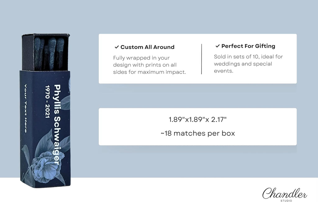 Customizable Funeral Matchboxes – Set of 10 – Memorial Design – Colorful Matchsticks – Perfect for Funeral Services & Remembrance (2" Matchsticks, Remembrance #1)