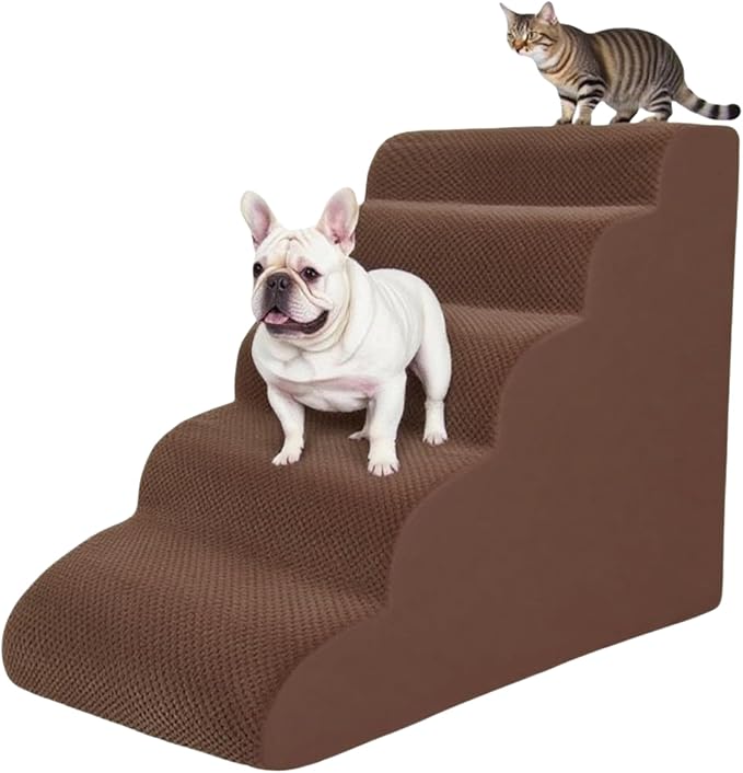 5 Step Pet Stairs Ramp for High Beds Sofas 5-30 Inch with Sturdy Non Slip Waterproof Pads, Machine Washable Cover Indoor Balanced Design for Cats Dogs Small Medium Large XL Pets Grey (Brown, Large, 1)-PawvioPets