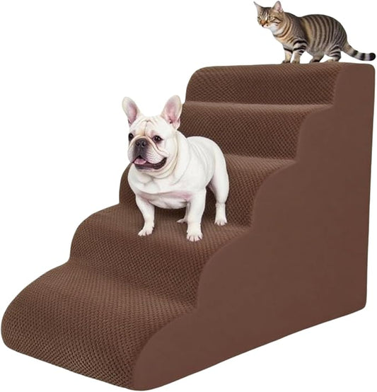 5 Step Pet Stairs Ramp for High Beds Sofas 5-30 Inch with Sturdy Non Slip Waterproof Pads, Machine Washable Cover Indoor Balanced Design for Cats Dogs Small Medium Large XL Pets Grey (Brown, Large, 1)-PawvioPets