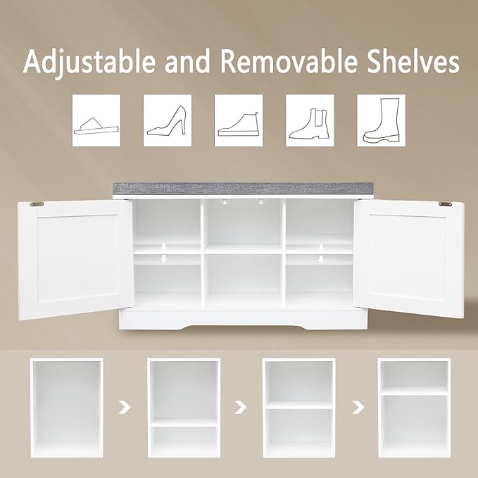 DINZI LVJ Shoe Bench, Entryway Storage Bench with Doors, Cushion, 2-Tier Shoe Rack with 6-Cubby, 31.5”L x 13.8”W Shoe Organizer Cabinet, Adjustable Shelf, Living Room, Bedroom, White-PawvioPets
