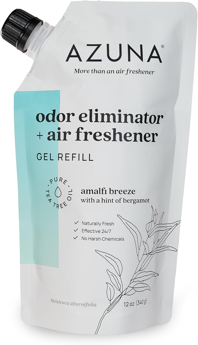 Azuna All-Natural Odor Remover Gel Refill Pouch | Air Purifier with Tea Tree Oil | Plant-Based & Long Lasting | For Pet Odors, Smoke & Strong Odors | Amalfi Breeze, 12 oz.-PawvioPets
