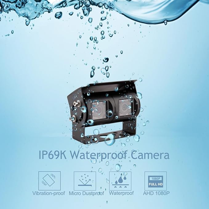 AHD 1080P 7" Reverse Rear View Backup Dual Twin Lens Camera System, Point Each Lens in a Different Direction, IR, Waterproof, 10G Vibration-Proof for Tractor/Truck/Camper/Caravan/Skid Steer/Harvester-PawvioPets