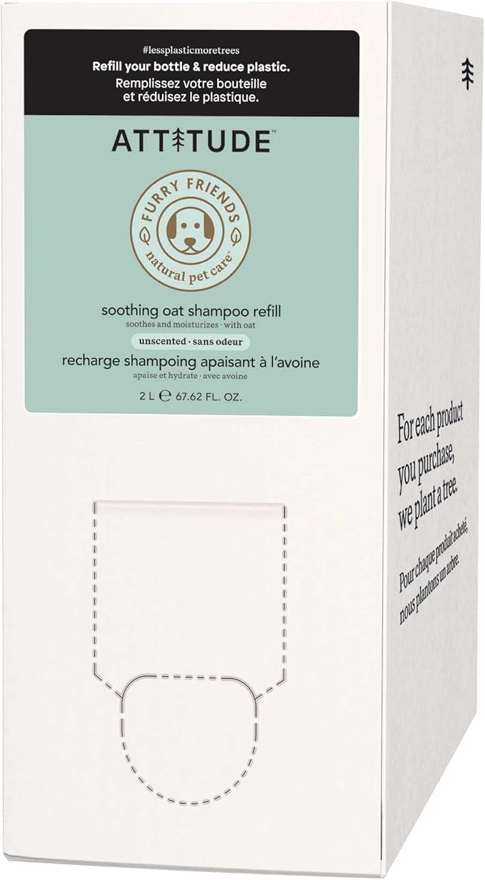 ATTITUDE Shampoo for Cats and Dogs, Plant and Mineral-Based Ingredients, Vegan and Cruelty-Free Products for Pets, Bulk Refill, Soothing, Unscented, 67.62 Fl Oz-PawvioPets