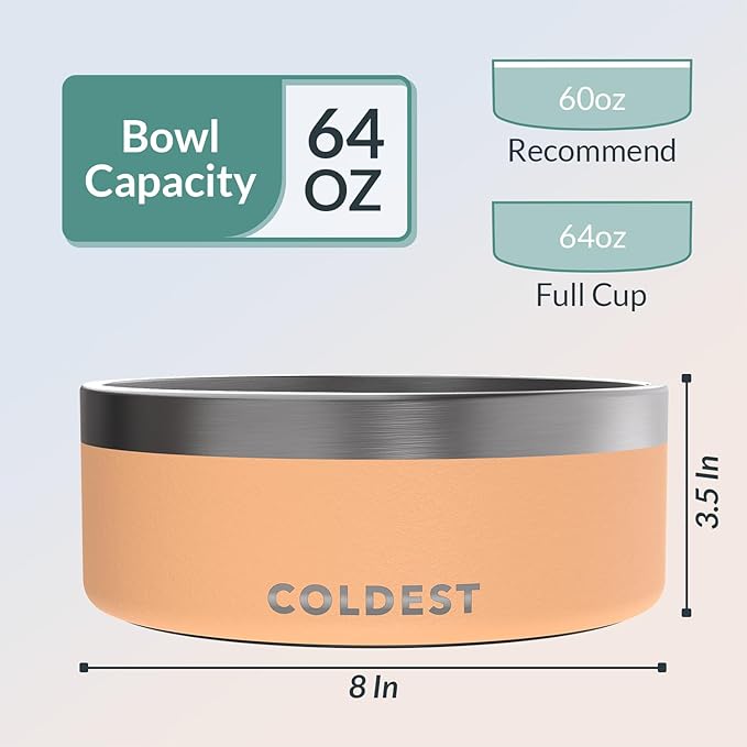 Coldest Dog Bowl - Anti Rust Metal, Non Slip, 3 Layers Insulated Stainless Steel Dog Bowls - Spill Proof & Heavy Duty - Water Bowl for Dogs, Cats & Pets, Dish Washer Safe (64 oz, Sahara Peach)-PawvioPets