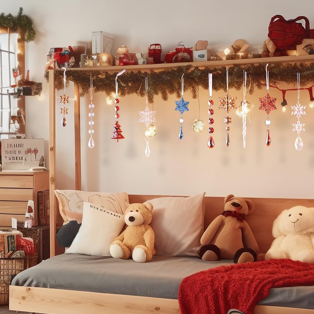 Lanpn 26pcs Christmas Ornaments Crystal Christmas Tree Decoration, Iridescent Hanging Clear Acrylic Snowflake Icicle Pendants Drop for Xmas Winter Outdoor Indoor Party Decoration Supplies Colorful