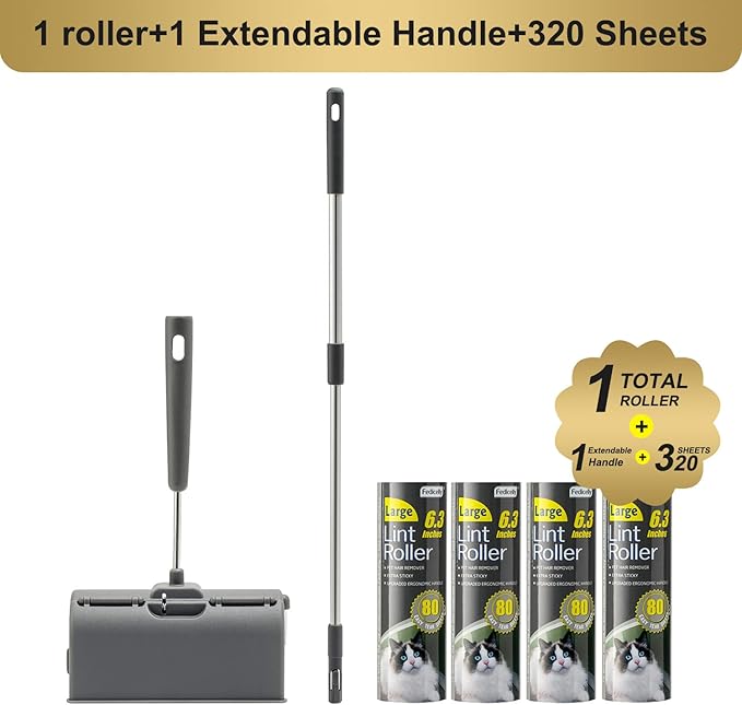 Fedicelly Lint Rollers Pet Hair Extra Sticky Floor with Long Handle,Large Cat Dog Hair Remover Laundry Clothes Carpet Furniture,6.3 inches Wider with 320 Sheets Giant Lint Remover Brush for Couch-PawvioPets