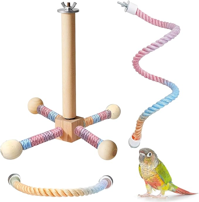 BNOSDM Bird Rope Perch with Stand Perch Toy Set Bendable Rope Perches Wooden Spinning Exercise Wheel Toy Parrot Cage Accessories for Parakeets, Conures, Lovebirds, Budgies, Cockatiels (Rainbow Color)-PawvioPets