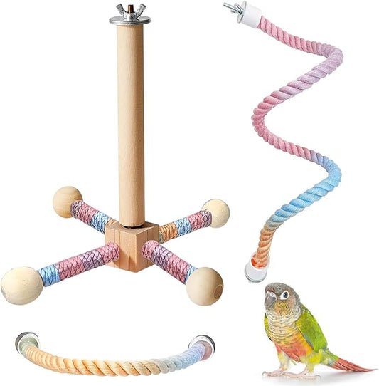 BNOSDM Bird Rope Perch with Stand Perch Toy Set Bendable Rope Perches Wooden Spinning Exercise Wheel Toy Parrot Cage Accessories for Parakeets, Conures, Lovebirds, Budgies, Cockatiels (Rainbow Color)-PawvioPets