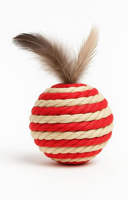 Ball for cat with Feathers - Balls for Cats – Natural Toy for Indoor Cats – Eco-Friendly, Durable, Interactive Play Balls for Kittens – Pet-Safe Chew & Scratch Toys (Red)-PawvioPets