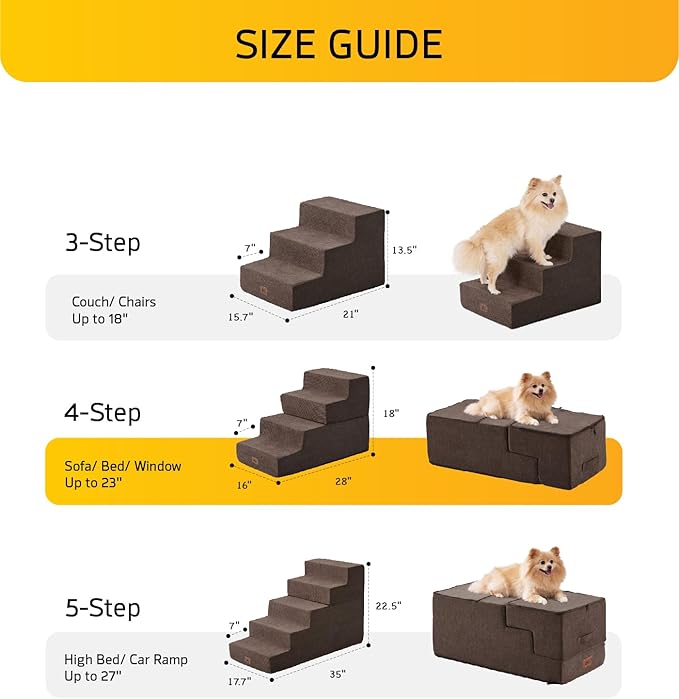 Dog Stairs for High Bed, Dog Steps for Bed Couch Sofa, 35D Foam Pet Steps for Small Dogs and Cats, Extra Wide Pet Stairs with Non-Slip Bottom Brown, 5 Steps-PawvioPets