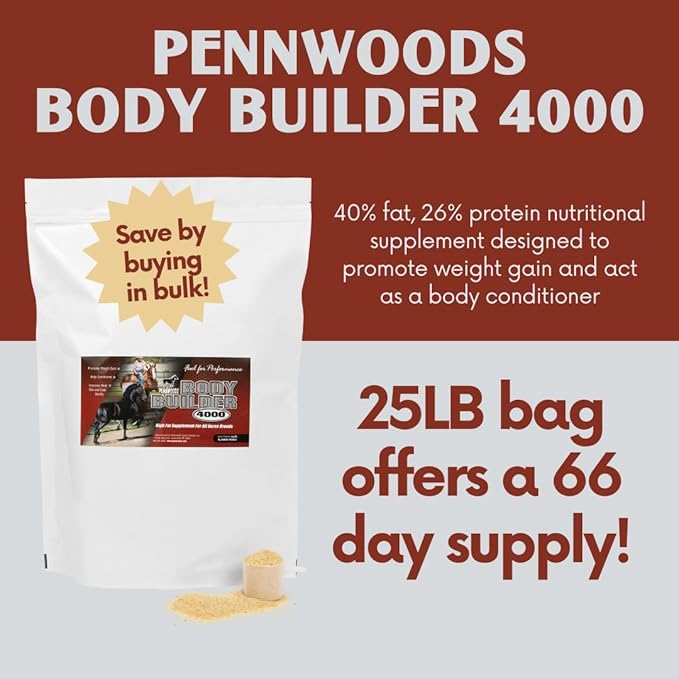 Body Builder 4000, Horse Weight Gain Supplement, High Fat and Energy Horse Weight Builder with Body Conditioning Horse Vitamins, Improves Hoof Quality - 25 LB Bag-PawvioPets