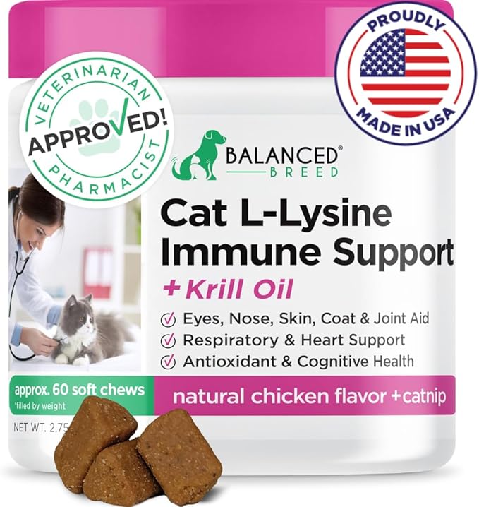 Balanced Breed L-Lysine Cats Immune Support Soft Chews Made in USA Vet-Pharmacist Approved Seasonal Allergy Relief Cat Vitamins Indoor Cats Supplements Krill Oil Asthma Relief Cat Lysine Treats NonGMO-PawvioPets
