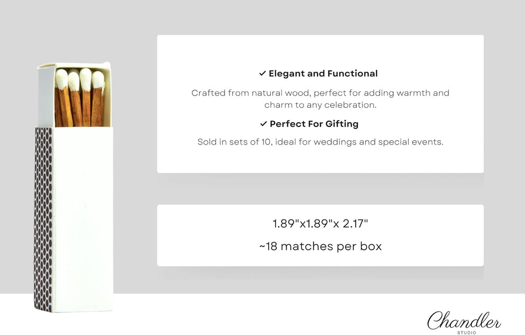 Chandler Studio 10 Boxes - Wooden Matchsticks in a Blank Matchbox with White/Black Matchboxes Colorful Tips (2" Matchboxes, 10 Boxes)