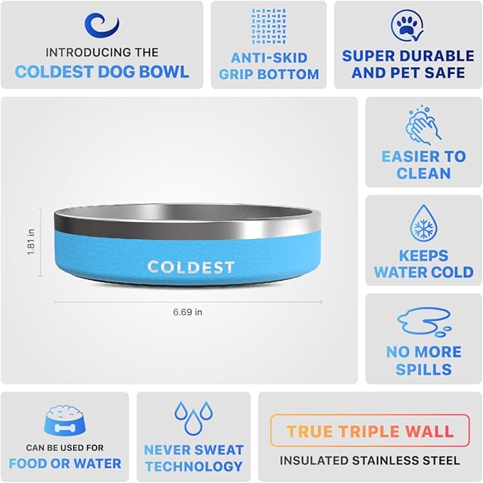 Coldest Dog Bowl - Anti Rust Metal, Non Slip, 3 Layers Insulated Stainless Steel Dog Bowls - Spill Proof & Heavy Duty - Water Bowl for Dogs, Cats & Pets, Dish Washer Safe (21 oz, Celestial Blue)-PawvioPets