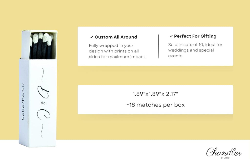 Custom Matchboxes - Set of 10 - Personalized - 2" Inch Long - Colorful Matchsticks - Weddings – Wedding Favor - Matchboxes, Custom Matchbox (2" Matchsticks, Wedding Design #4)