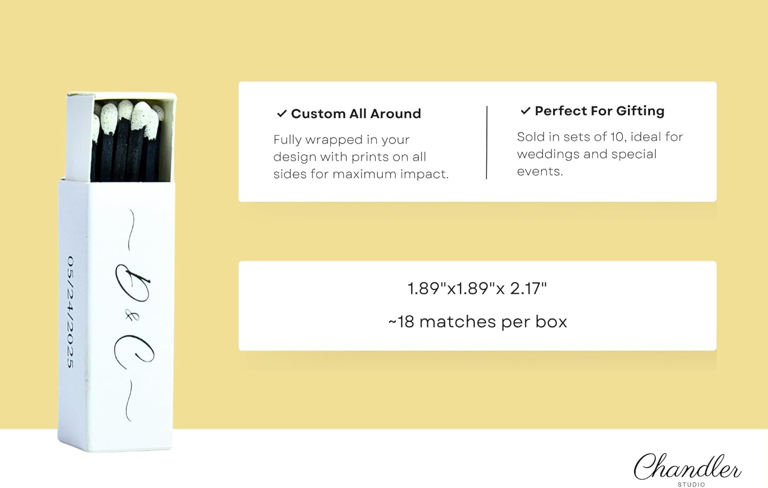 Custom Matchboxes - Set of 10 - Personalized - 2" Inch Long - Colorful Matchsticks - Weddings – Wedding Favor - Matchboxes, Custom Matchbox (2" Matchsticks, Wedding Design #4)