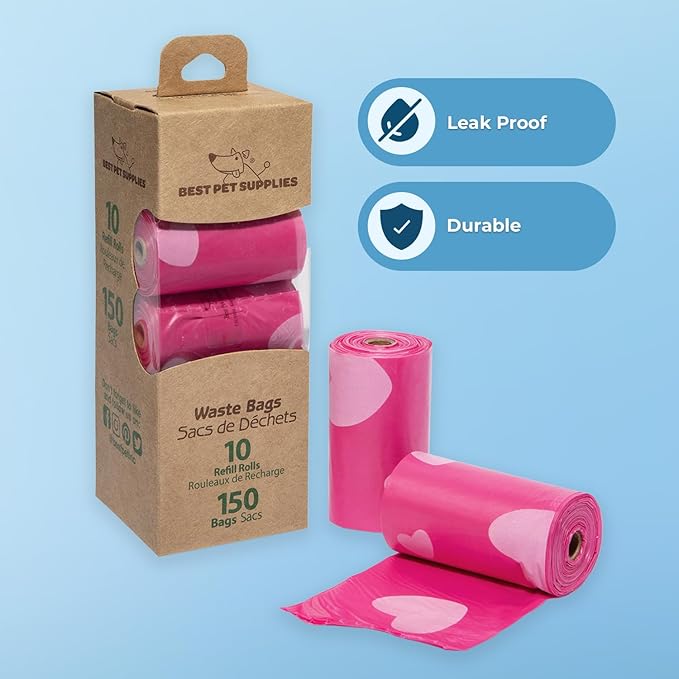Best Pet Supplies Dog Poop Bags (150 Bags) for Waste Refuse Cleanup, Doggy Roll Replacements for Outdoor Puppy Walking and Travel, Leak Proof and Tear Resistant, Thick Plastic - Pink Heart-PawvioPets