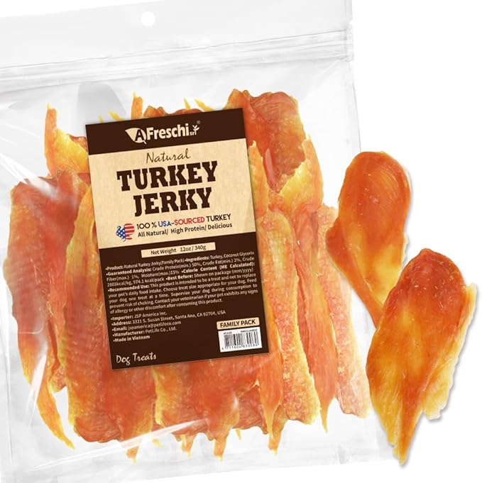 Afreschi Turkey Jerky Dog Treats –12 oz, USA-Sourced Trukey, All-Natural, Hypoallergenic, High-Protein, Low-Fat, Healthy & Easily Digestible, Puppy & Training Snack-PawvioPets