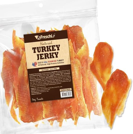Afreschi Turkey Jerky Dog Treats –12 oz, USA-Sourced Trukey, All-Natural, Hypoallergenic, High-Protein, Low-Fat, Healthy & Easily Digestible, Puppy & Training Snack-PawvioPets