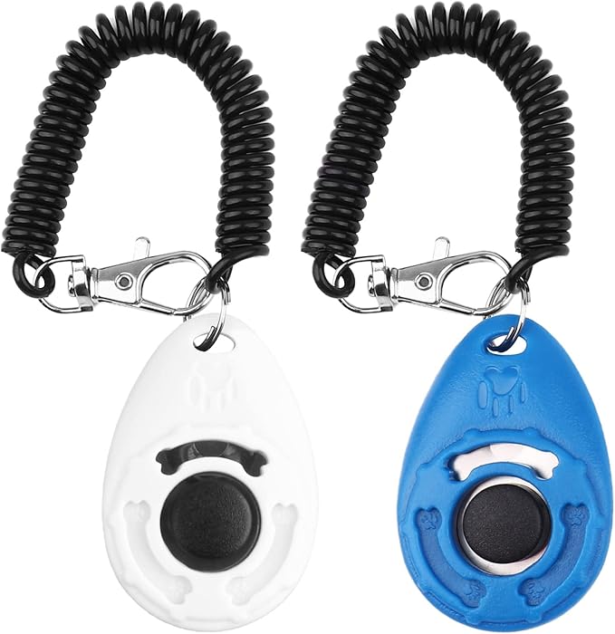 Dog Training Clicker with Wrist Strap - OYEFLY Durable Lightweight Easy to Use, Pet Training Clicker for Cats Puppy Birds Horses. Perfect for Behavioral Training 2-Pack (Blue and White)-PawvioPets