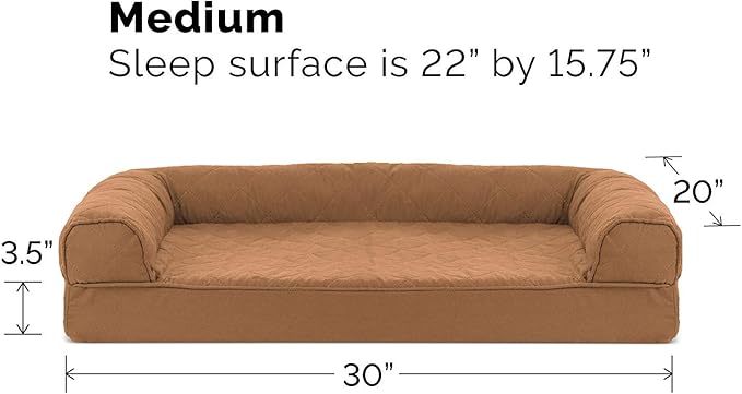 Furhaven Orthopedic Dog Bed for Medium/Small Dogs w/ Removable Bolsters & Washable Cover, For Dogs Up to 35 lbs - Quilted Sofa - Toasted Brown, Medium-PawvioPets