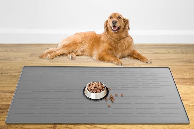 48" x 32" XXXL Largest Pet Food Mat, Silicone Dog Mats for Food and Water, Nonslip Pet Feeding Mats for Floors,Dog Cat Bowl Mat with Raised Edges, Light Gray-PawvioPets