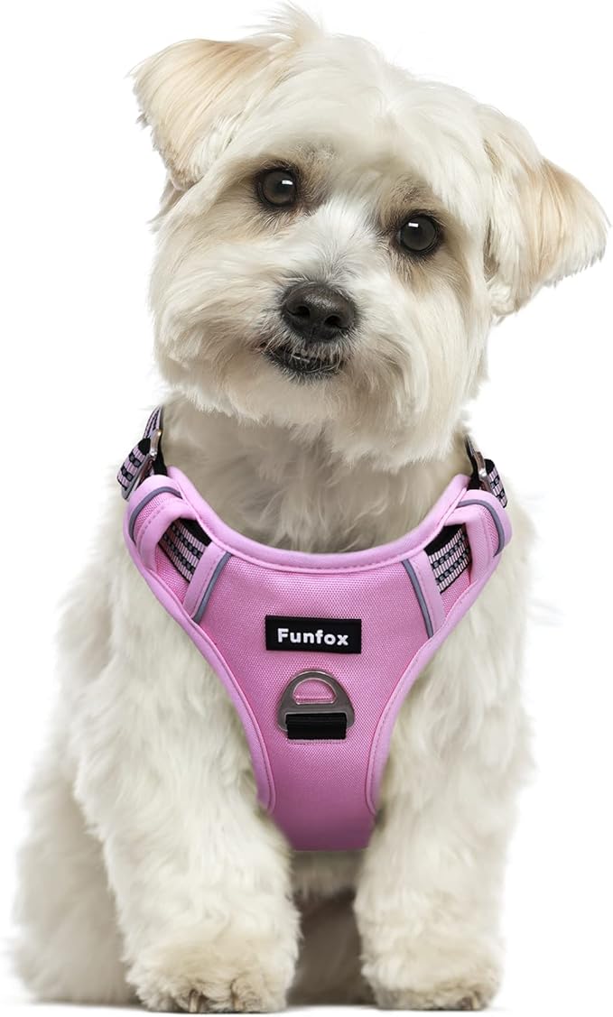 Funfox Dog Harness No Pull, Adjustable Pet Vest Harness, Super Soft Material with Vertical Handle Easy Control, Reflective Night Walking, 2 Leash Clips for Small Sized Dogs, Pink, S-PawvioPets