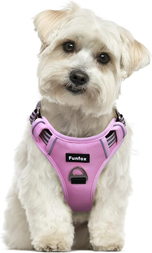 Funfox Dog Harness No Pull, Adjustable Pet Vest Harness, Super Soft Material with Vertical Handle Easy Control, Reflective Night Walking, 2 Leash Clips for Small Sized Dogs, Pink, S-PawvioPets