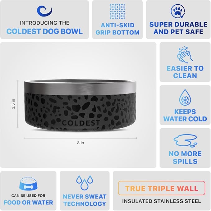 Coldest Dog Bowl - Anti Rust Metal, Non Slip, 3 Layers Insulated Stainless Steel Dog Bowls - Spill Proof & Heavy Duty - Water Bowl for Dogs, Cats & Pets, Dish Washer Safe (64 oz, Black Leopard)-PawvioPets