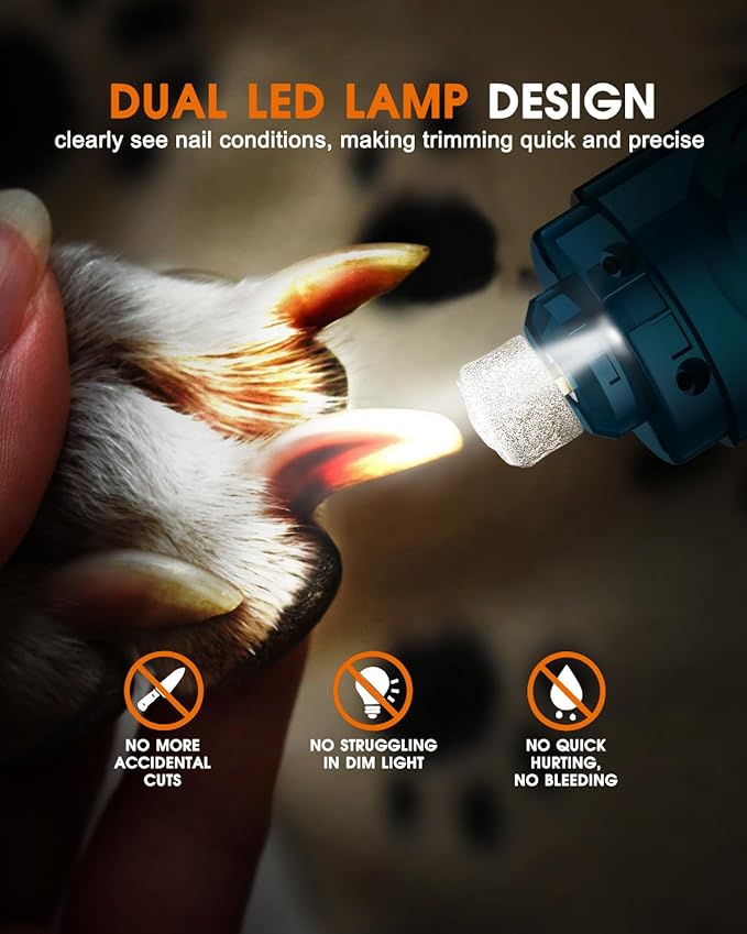 Dog Nail Trimmers and Dog Nail Clippers Kit, Whisper Quiet Electric Grinder with Light, for Small, Medium, Large Dogs, Cats Toenail Grooming, 3 Speeds-PawvioPets