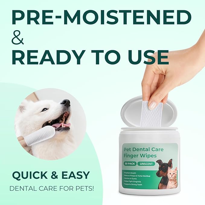 Dog Teeth Cleaning Wipes 50 Pack, Reduces Plaque and Freshens Breath, Dog Dental Wipes Dog Tooth Brushing Kit, No-Rinse Dog Toothbrush Finger Wipes Dental Care for Dogs Cats-PawvioPets
