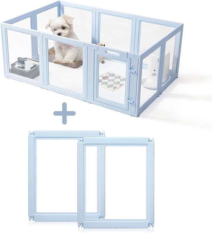 DIY Clear Acrylic Dog Playpen House,Quick Easy Assembly and Disassembly,Strong Floor Suction,Indoor and Outdoor Use,Easy Cleansing Puppy Fence (Sky Blue, 23.6" H, 2PCS)-PawvioPets