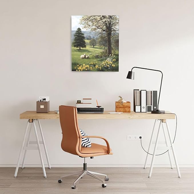 Country Sheep Canvas Wall Decor Farmhouse Rustic Lamb Wildflower Wall Art Nature Countryside Landscape Pictures Painting Print Framed Artwork Decorations for Bathroom Living Room Bedroom 24"x20"-PawvioPets