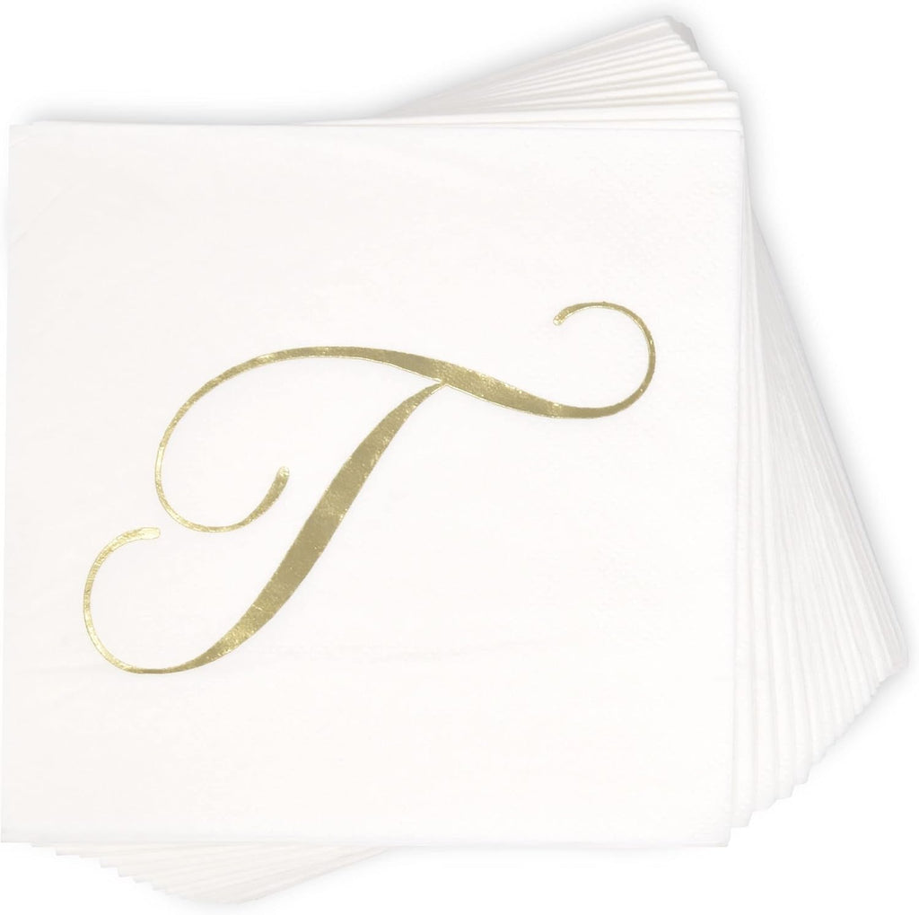Gift Boutique 100 Gold Monogram Cocktail Napkins Letter T Disposable Paper Pack Elegant Metallic Golden Foil Hand Napkin for Powder Room Wedding Holiday Birthday Party Baby Shower Decorative Towels