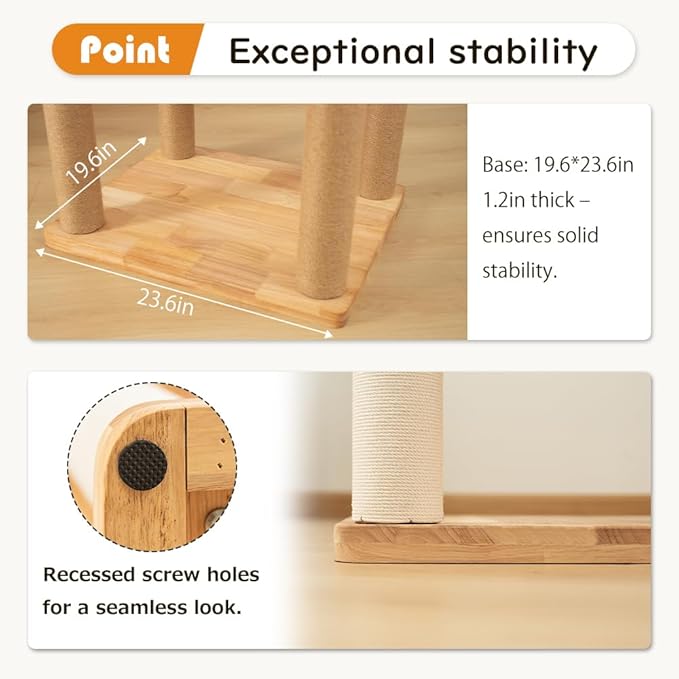 74.8" Wooden Cat Tree Tower for Large Cats, Multi-Level Cat Climbing Furniture with Scratching Posts, Cat Condo & Hammock, Natural Wood Cat Activity Center (Brown)-PawvioPets