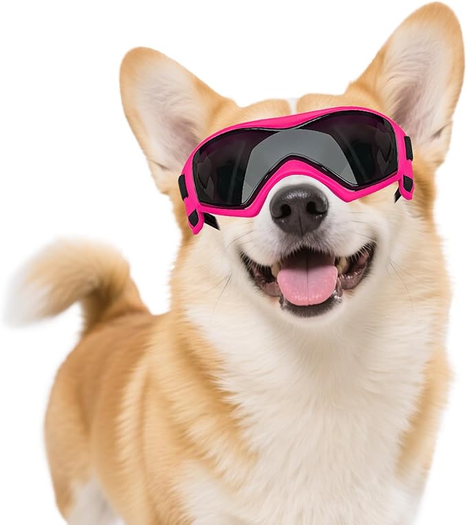 Dog Goggles Dog Sunglasses for Medium Breed UV Protection Windproof with Adjustable Head Straps Chin Straps for Ride Car/Hiking Travel/On Beach-Pink-PawvioPets