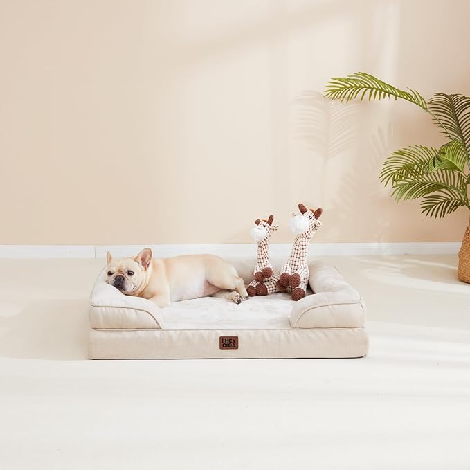EHEYCIGA Orthopedic Dog Beds for Extra Large Dogs, Waterproof Memory Foam XL Pet Bed with Sides, Non-Slip Bottom and Egg-Crate Foam Big Dog Couch Bed with Washable Removable Cover, Beige-PawvioPets
