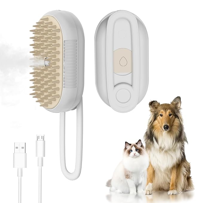 4 in 1 Cat Steam Brush for Shedding，Rechargeable Steam Pet Brush With Rotating Handle for Massaging, Self-Cleaning, and Pet Hair Removal for Long and Short Hair of Cat and Dog （Beige）-PawvioPets