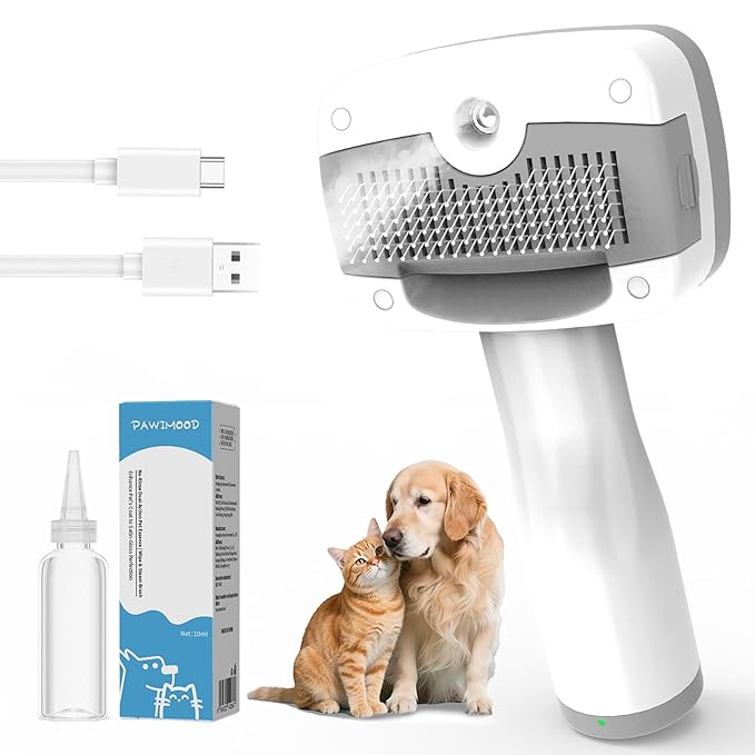 5 in 1 Pet Steam Brush for Dogs & Cats – Self Cleaning, 3 Pet Brush for Smoothing, Dematting, Thinning – Shedding, Grooming & Hair Removal, Includes Shampoo & Storage Case (7.2"-pinbrush)-PawvioPets