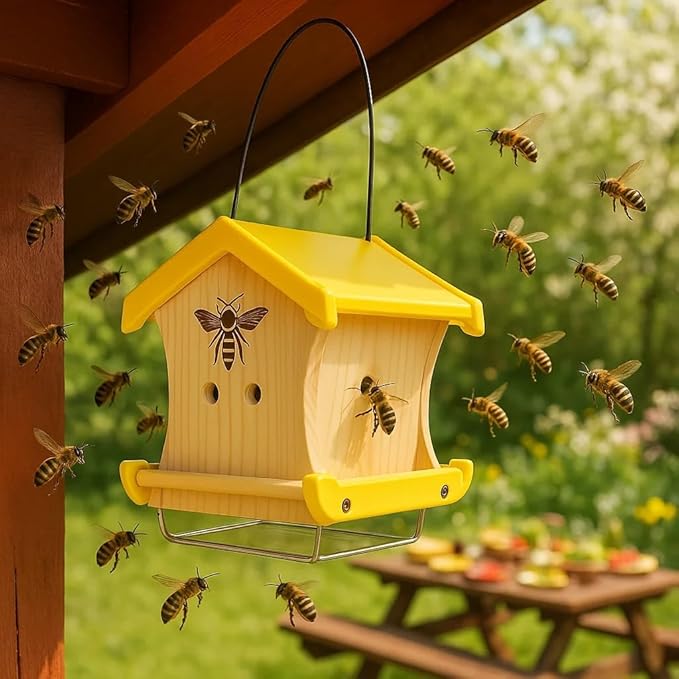 Carpenter Bee House for Outside, Wood Beetrap for Outdoors Insect House Hotel for Garden Stainless Cable Bee Box Without Bottle 2025 New Heavy Duty-PawvioPets